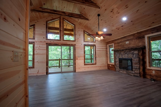 155 Stone Crest Ln, Murphy, NC 28906 - unfurnished living room with a wooden ceiling with exposed beams, wood finished floors, high vaulted ceiling, a stone fireplace, and wood walls