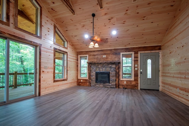 155 Stone Crest Ln, Murphy, NC 28906 - unfurnished living room with wood walls, wood finished floors, wood ceiling, a fireplace, and high vaulted ceiling