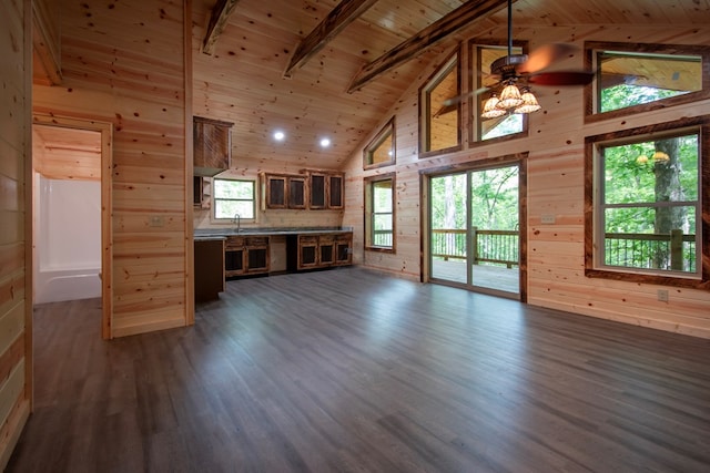 155 Stone Crest Ln, Murphy, NC 28906 - unfurnished living room with wood walls, dark wood-style flooring, ceiling fan, a wood ceiling with exposed beams, and high vaulted ceiling