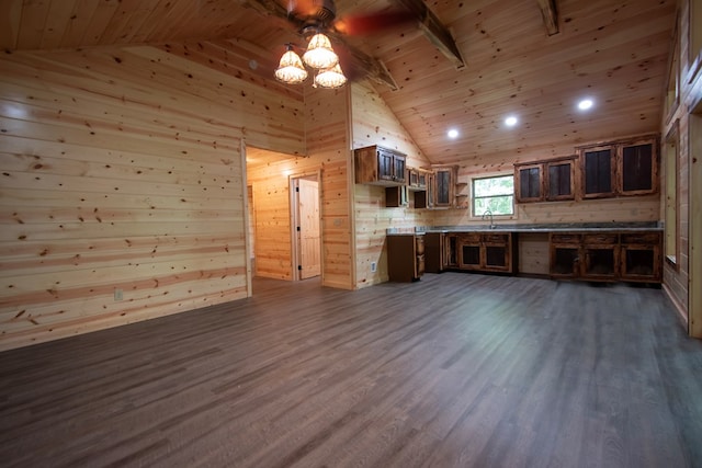 155 Stone Crest Ln, Murphy, NC 28906 - kitchen featuring wooden ceiling, a chandelier, dark wood-style floors, glass insert cabinets, and high vaulted ceiling