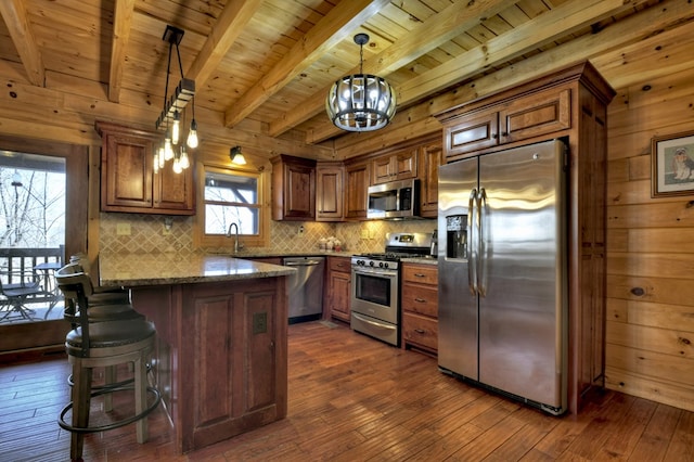 kitchen featuring tasteful backsplash, dark wood finished floors, stainless steel appliances, wood walls, and wood ceiling