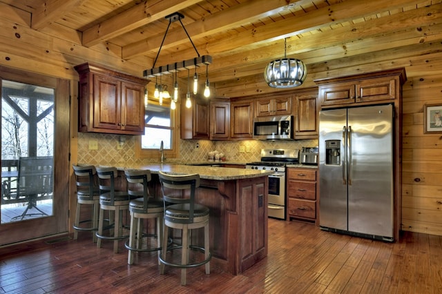 kitchen with wooden ceiling, dark wood-style floors, tasteful backsplash, and stainless steel appliances