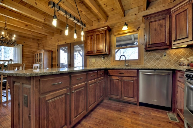 kitchen with dark wood finished floors, a peninsula, stainless steel dishwasher, wooden ceiling, and beamed ceiling