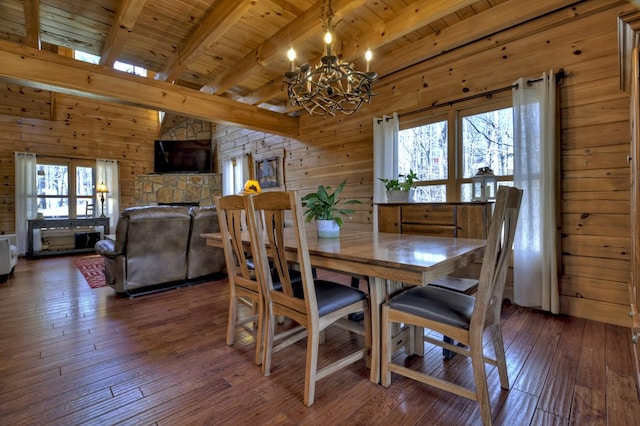 dining area with beam ceiling, wooden walls, an inviting chandelier, and hardwood / wood-style flooring