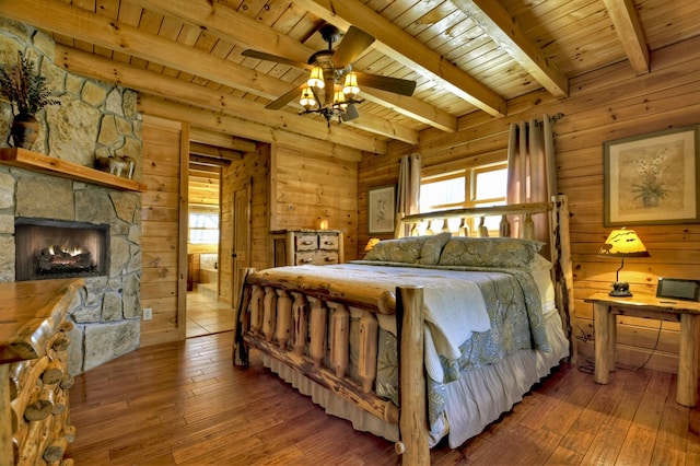 bedroom featuring hardwood / wood-style flooring, beamed ceiling, wood ceiling, and wood walls