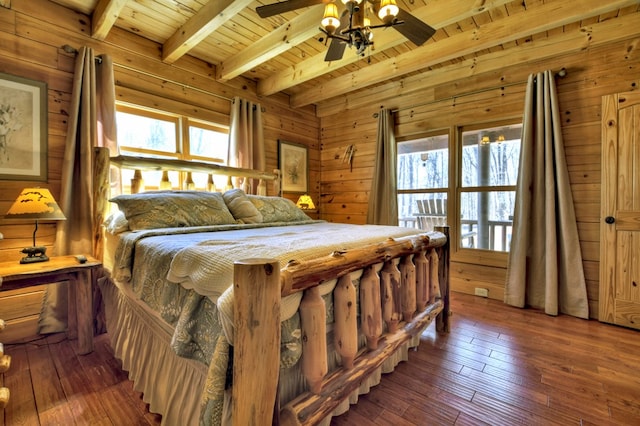 bedroom featuring beam ceiling, wood-type flooring, wooden walls, and wood ceiling