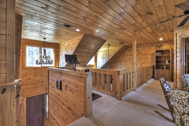 interior space featuring recessed lighting, visible vents, wooden walls, and wooden ceiling