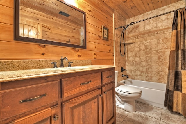 full bathroom featuring toilet, wooden ceiling, wood walls, shower / tub combo, and vanity