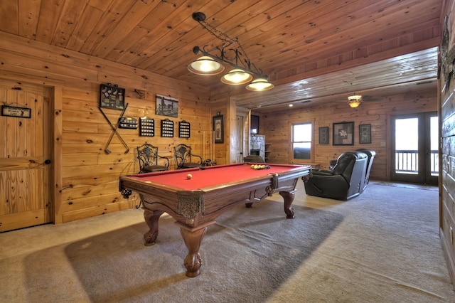 recreation room featuring carpet, wood ceiling, and pool table