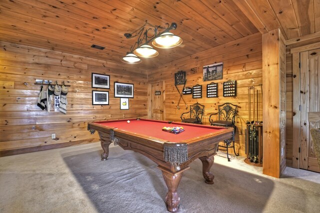 game room featuring carpet, wooden ceiling, and billiards