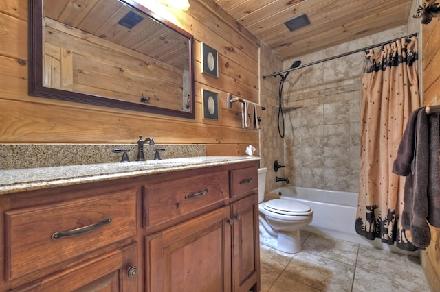 bathroom featuring vanity, wood walls, wooden ceiling, toilet, and shower / tub combo with curtain