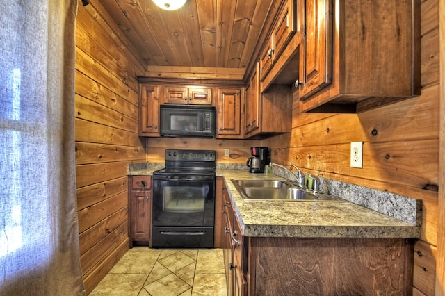 kitchen with a sink, wooden walls, black appliances, and wooden ceiling