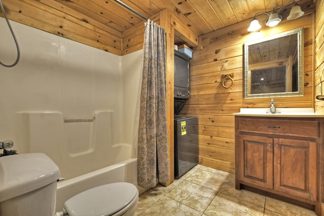 bathroom with shower / bathtub combination with curtain, toilet, wooden walls, wooden ceiling, and vanity