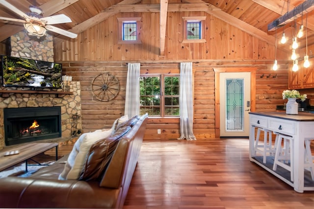 165 Timberwalk Dr, Ellijay, GA 30540 - living room with high vaulted ceiling, wood ceiling, hardwood / wood-style flooring, a stone fireplace, and a ceiling fan