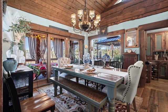 dining room featuring a chandelier, wood ceiling, vaulted ceiling, and wood finished floors