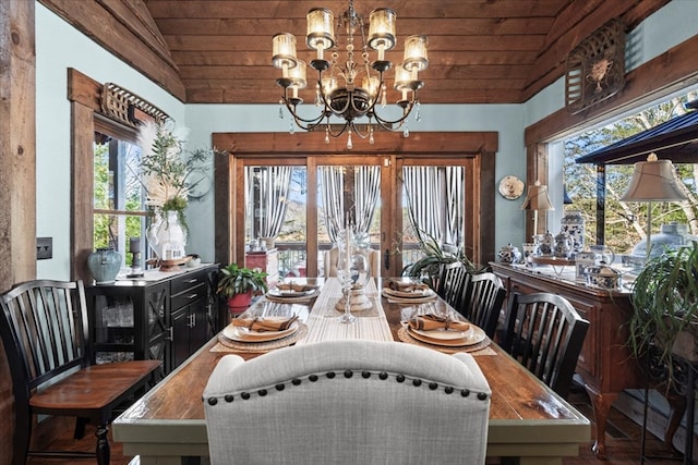 dining room featuring lofted ceiling, wooden ceiling, and an inviting chandelier