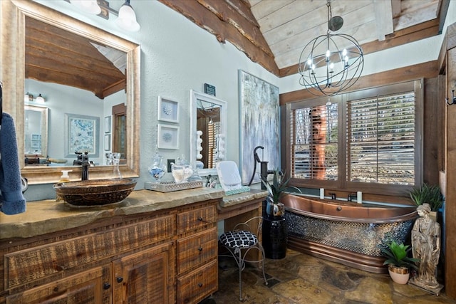 full bathroom featuring wood ceiling, stone finish flooring, vaulted ceiling, vanity, and a bath