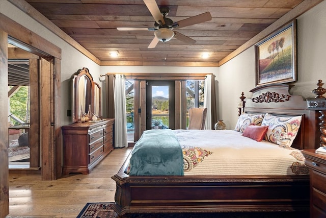 bedroom with wooden ceiling, access to outside, and light wood finished floors