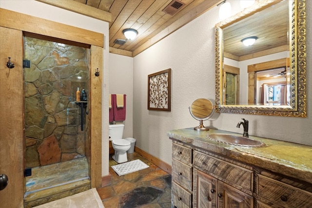 full bath featuring a marble finish shower, visible vents, toilet, wood ceiling, and vanity