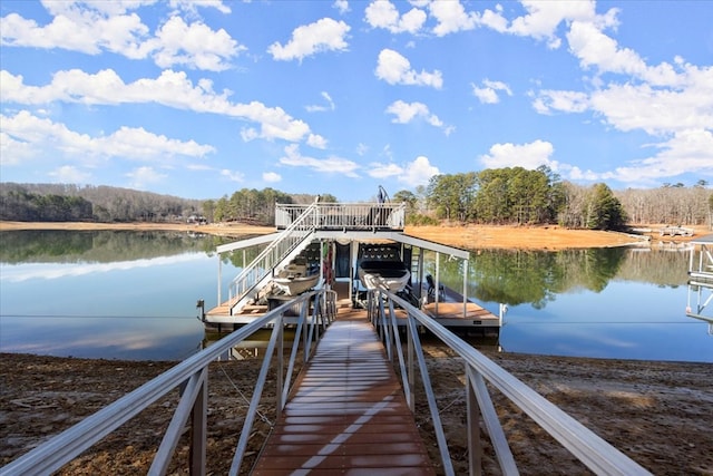 view of dock with a water view and boat lift