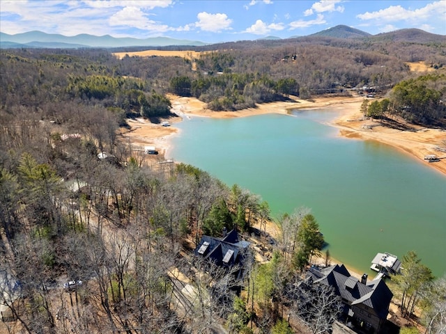 drone / aerial view with a water and mountain view