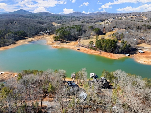 bird's eye view with a water and mountain view