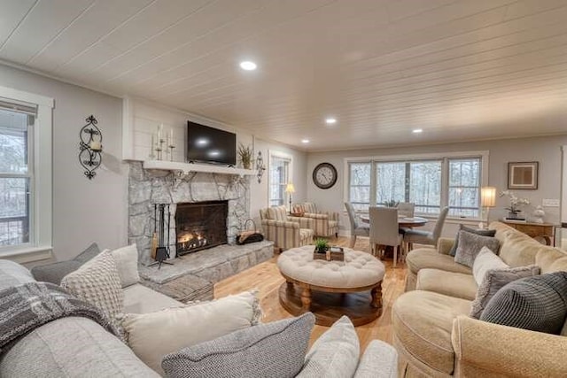 living room with wood-type flooring and a fireplace