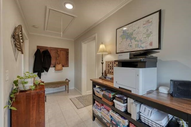 corridor with ornamental molding and light tile patterned floors