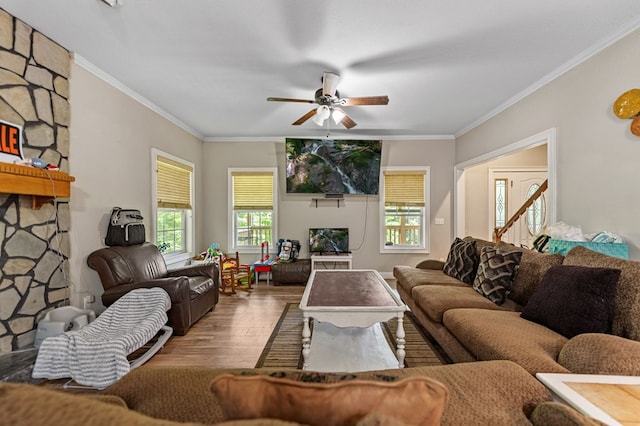 living room featuring ornamental molding, ceiling fan, and hardwood / wood-style floors