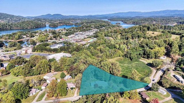 drone / aerial view featuring a water and mountain view