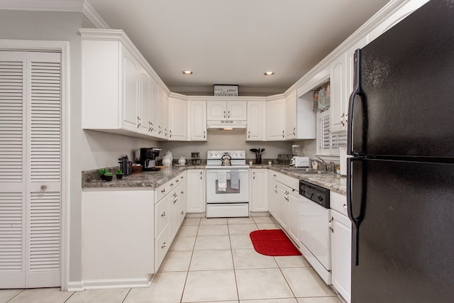 kitchen with white appliances, light tile patterned floors, ornamental molding, white cabinets, and under cabinet range hood