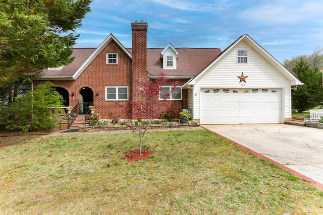 view of front of property featuring concrete driveway, brick siding, a front yard, and a chimney