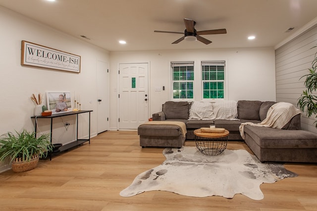 68 Phillips Crk, Andrews, NC 28901 - living area featuring a ceiling fan, wood finished floors, recessed lighting, crown molding, and wood walls