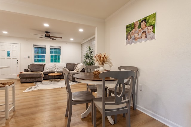68 Phillips Crk, Andrews, NC 28901 - dining area featuring recessed lighting, light wood-style flooring, ceiling fan, crown molding, and baseboards