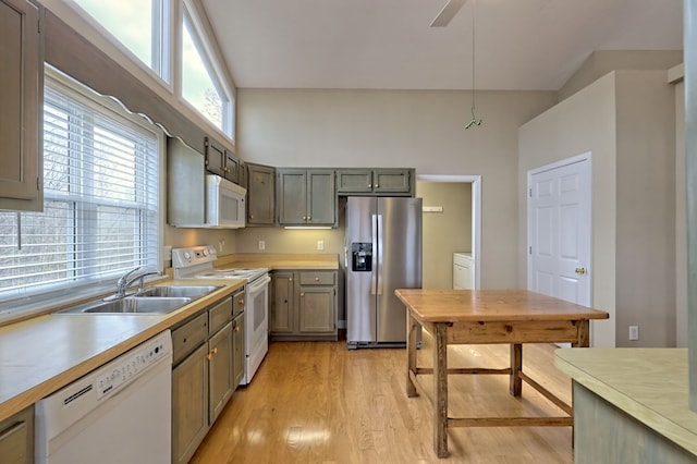 kitchen with white appliances, light hardwood / wood-style flooring, ceiling fan, and sink