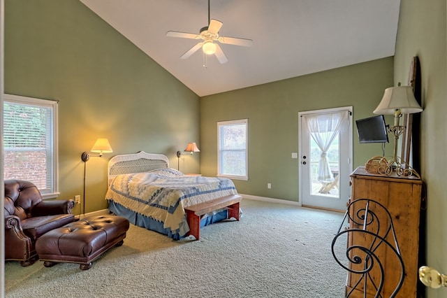 bedroom featuring access to outside, ceiling fan, high vaulted ceiling, and carpet