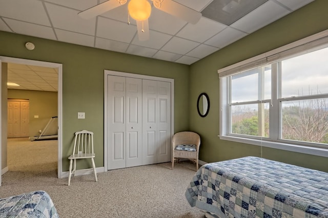 carpeted bedroom featuring a paneled ceiling, a closet, and ceiling fan