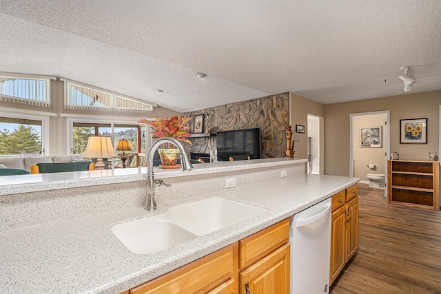 kitchen with a textured ceiling, a fireplace, a sink, light wood-style floors, and dishwasher