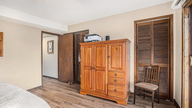 bedroom featuring a textured ceiling, multiple closets, light wood-type flooring, and baseboards