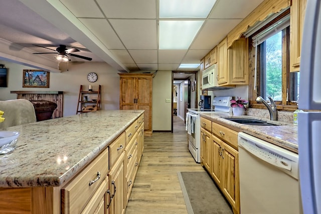 623 Overlook Way, Sky Valley, GA 30537 - kitchen featuring a sink, white appliances, light stone counters, light wood-style flooring, and a ceiling fan