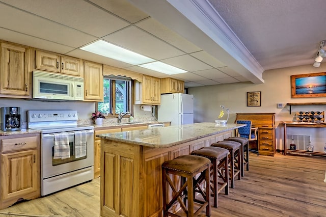 623 Overlook Way, Sky Valley, GA 30537 - kitchen with a sink, white appliances, light wood-style flooring, a kitchen bar, and a kitchen island