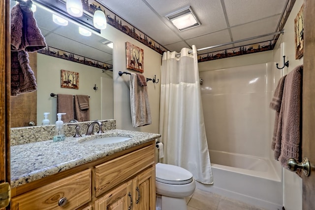 623 Overlook Way, Sky Valley, GA 30537 - full bathroom featuring shower / bath combination with curtain, toilet, tile patterned floors, visible vents, and vanity
