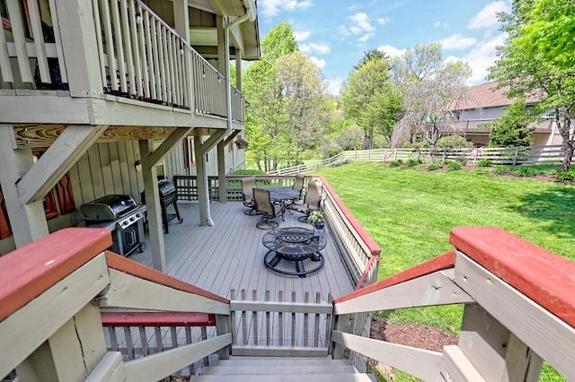 623 Overlook Way, Sky Valley, GA 30537 - wooden deck featuring a yard, grilling area, a fenced backyard, and outdoor dining space