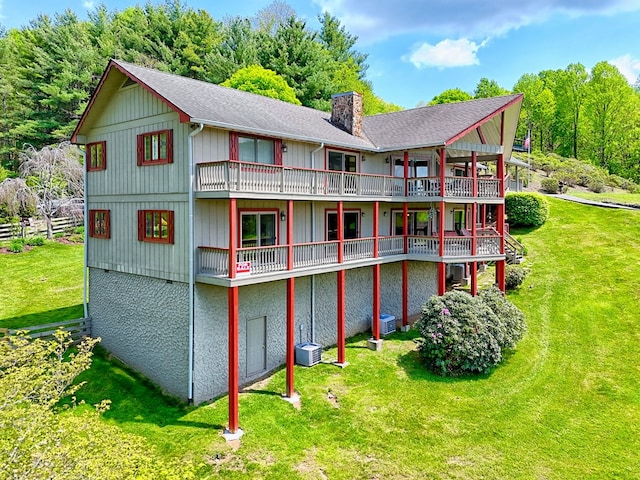 623 Overlook Way, Sky Valley, GA 30537 - back of house with cooling unit, a yard, a chimney, and a wooden deck