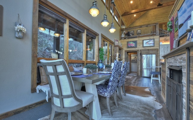 dining area featuring wood ceiling, a wealth of natural light, wood finished floors, and high vaulted ceiling