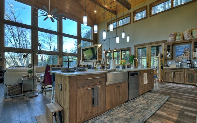 kitchen with stainless steel dishwasher, dark wood-style floors, ceiling fan, wooden ceiling, and high vaulted ceiling