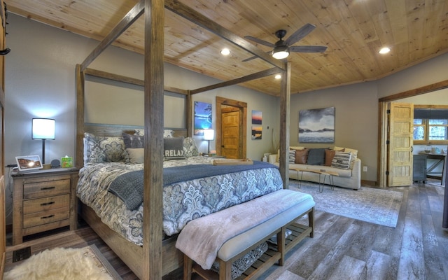 bedroom with wood ceiling, baseboards, wood finished floors, and recessed lighting