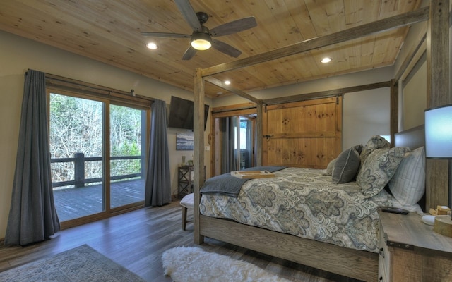 bedroom featuring wood finished floors, access to outside, wooden ceiling, and multiple windows