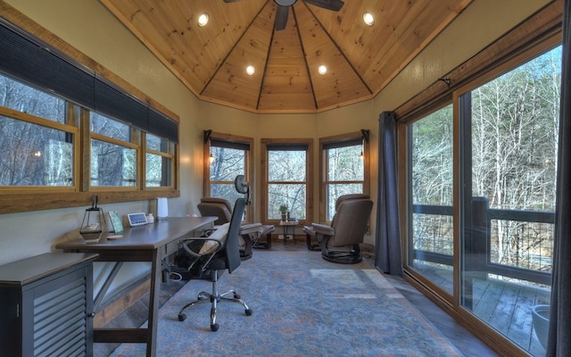 home office with recessed lighting, a healthy amount of sunlight, a towering ceiling, and wooden ceiling