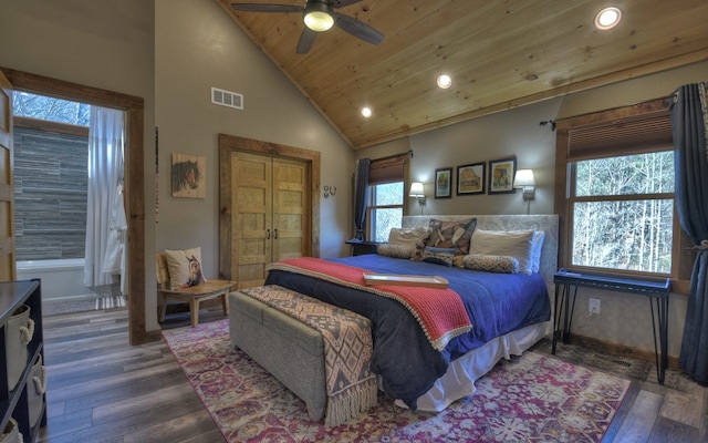 bedroom featuring wooden ceiling, visible vents, recessed lighting, and multiple windows